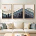Framed Boho Mountain Landscape Wall Art for Living Room, Large Bohemian Forest Canvas Paintings Artwork for Walls, 3 Piece Nature Wall Picture for Hallway Bedroom Office Wall Decor, 24x36 Inch
