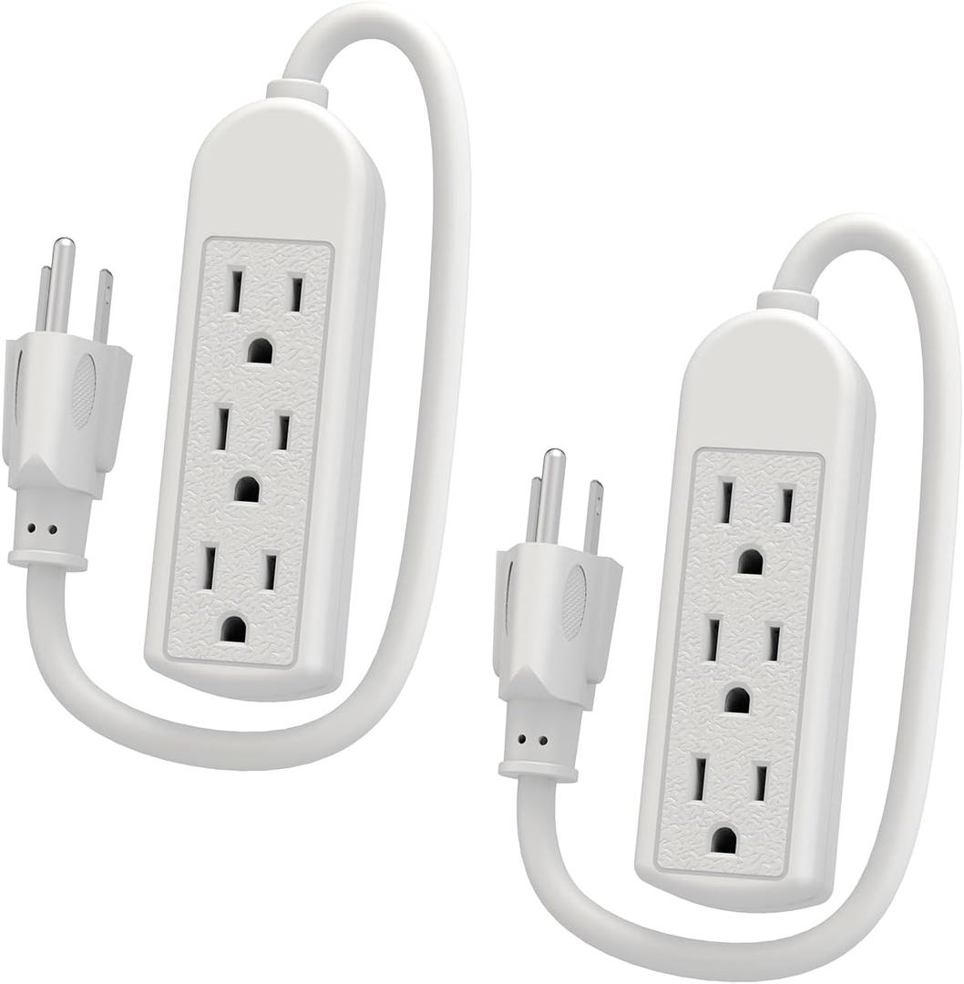 2-Pack Power Strip 3 Prong Outlet - Slim White 3 Grounded Outlets 1ft Heavy Duty Extension Power Cord Power Strip Ideal for Computer/Phone/Home/Office (13A/125V/1625W/ETL Listed)