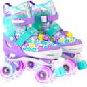 SULIFEEL Rainbow Unicorn 4 Size Adjustable Light up Roller Skates for Girls, Boys, and Kids, Floral Blue, Medium - Big Kid