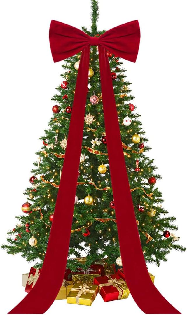 Extra Large Red Velvet Bows Christmas Tree Topper 20 x 71 Inch Big Bows with Long Streamers lazos para arbol de Navidad for Room Backdrop Wall Home Xmas Holiday Porch Decor, Deep Red