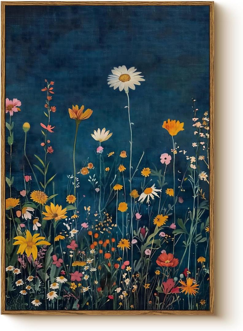 WHASAYART Botanical Floral Canvas Print 16x24 Framed Wildflower Wall Art, Rustic Dark Blue Colorful Flower Artwork, Vibrant Vintage Painting Living Room Kitchen Bedroom Hallway Home Decor