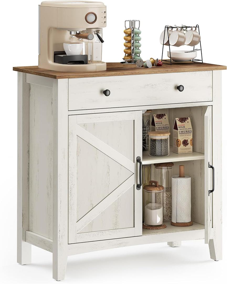 VASAGLE LIRY Collection - Buffet Cabinet, Coffee Bar Cabinet with a Drawer, Adjustable Shelf, Sideboard Storage with Cable Hole, Drawer Divider, Rustic White and Honey Brown UBBK341W01 (31.5"W)