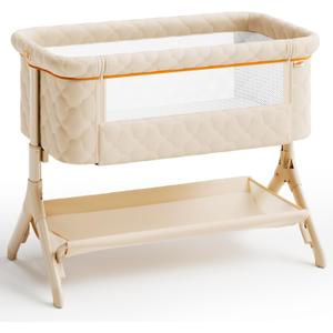 Pamo babe Bedside Bassinet for Baby, 3-in-1 Foldable Travel Bassinet with Wheels, Portable Baby Bassinet Adjustable Height, Storage Bag, Baby Bedside Sleeper Ideal Gift for Newborn Parents (Beige), 37"L x 21"W x 31"H