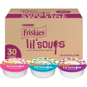 Friskies Purina Grain Free Wet Cat Food Lickable Cat Treats Variety Pack, Lil' Soups With Salmon, Tuna or Shrimp - (Pack of 30) 1.2 oz. Cups, BBD 01/2028