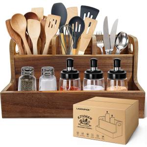 Kitchen Utensil Holder for Countertop with 4 Compartments Acacia Large Utensil Holder Wooden Storage for Cooking,Baking,Flatware Tool Kitchen Utensil Organizer