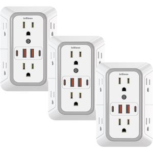 3 Pack Surge Protector Outlet Extender, 6 Outlet Splitter with 4 USB Ports (2 USB C), Multi Plug Wall Outlet 1050J Power Strip, USB Wall Charger for Home Office Kitchen Travel