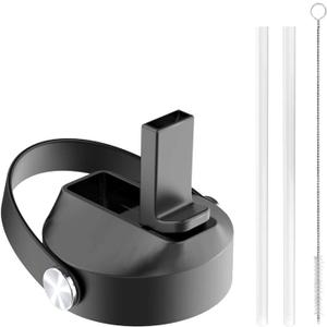 BUZIO Straw Lid Wide Mouth (BPA Free), Replacement Flip Top Cap for Hydro Flask Water Bottle Stainless Steel Lids with 2 Straws and Brushes | Sports 2.16in Straw Cap for 18oz,32oz,40oz,64oz,87oz,128oz (Black)