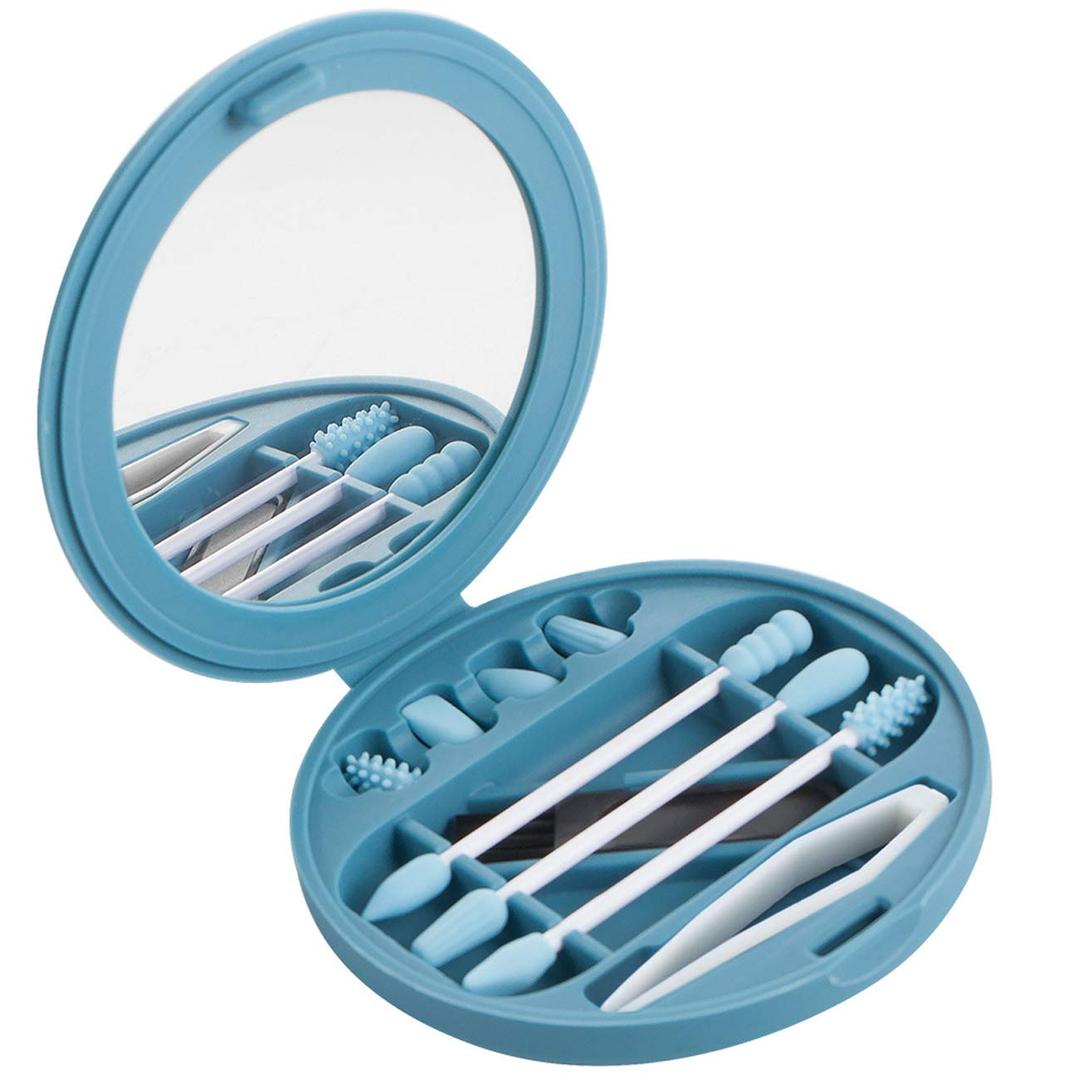 Strogem Reusable Cotton Swabs with 1 Mirror for Makeup Application and Cleaning, Multifunctional Portable Washable Silicone Q-Tip (Blue)