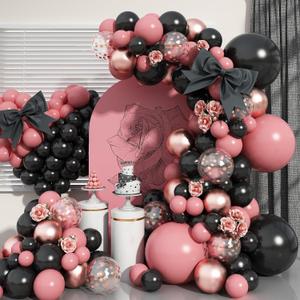Dusty Pink and Black Balloon Arch Kit, 112 PCS Pink Rose Gold and Black Balloons Garland with Rrose Gold Confetti Metallic Rose Gold Balloons, Retro Pink Balloons for Bachelorette Princess Party Deco