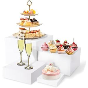 BIEOFFEI Buffet Risers White Food Risers for Buffet Table, Acrylic Food Display Stand Shelf for Catering Dessert Party Decor, Square Cube Display Base with Hollow Bottoms, 3 PCS 5" 6" 7"