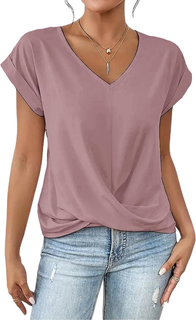Womens Summer Tops 2025 Twist Front Tunic Shirt V Neck Cap Sleeve Blouse Business Casual Outfits (Medium, Dusty Pink)