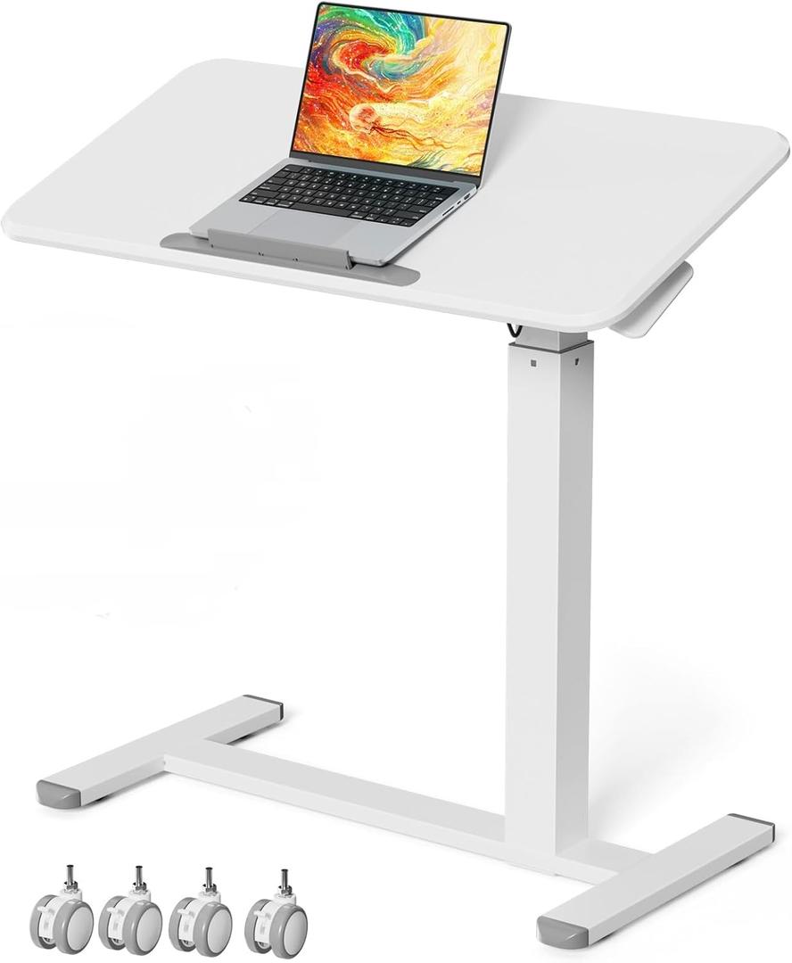 Mobile Standing Desk, Height Adjustable Left/Right Overbed Bedside Table, 90 Tiltable Portable Laptop Desk with Wheels, Foldable Computer Cart for Hospital Home Use, White, 40cm x 80cm x 69cm