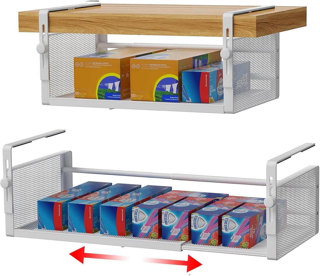 2Pack Under Shelf Basket, Adjustable Hanging Under Cabinet Shelf Storage, Hanging Holder Length Stretchable 14.9-22.6Inch for Kitchen Pantry Desk Counter Bookshelf Cupboard (White)