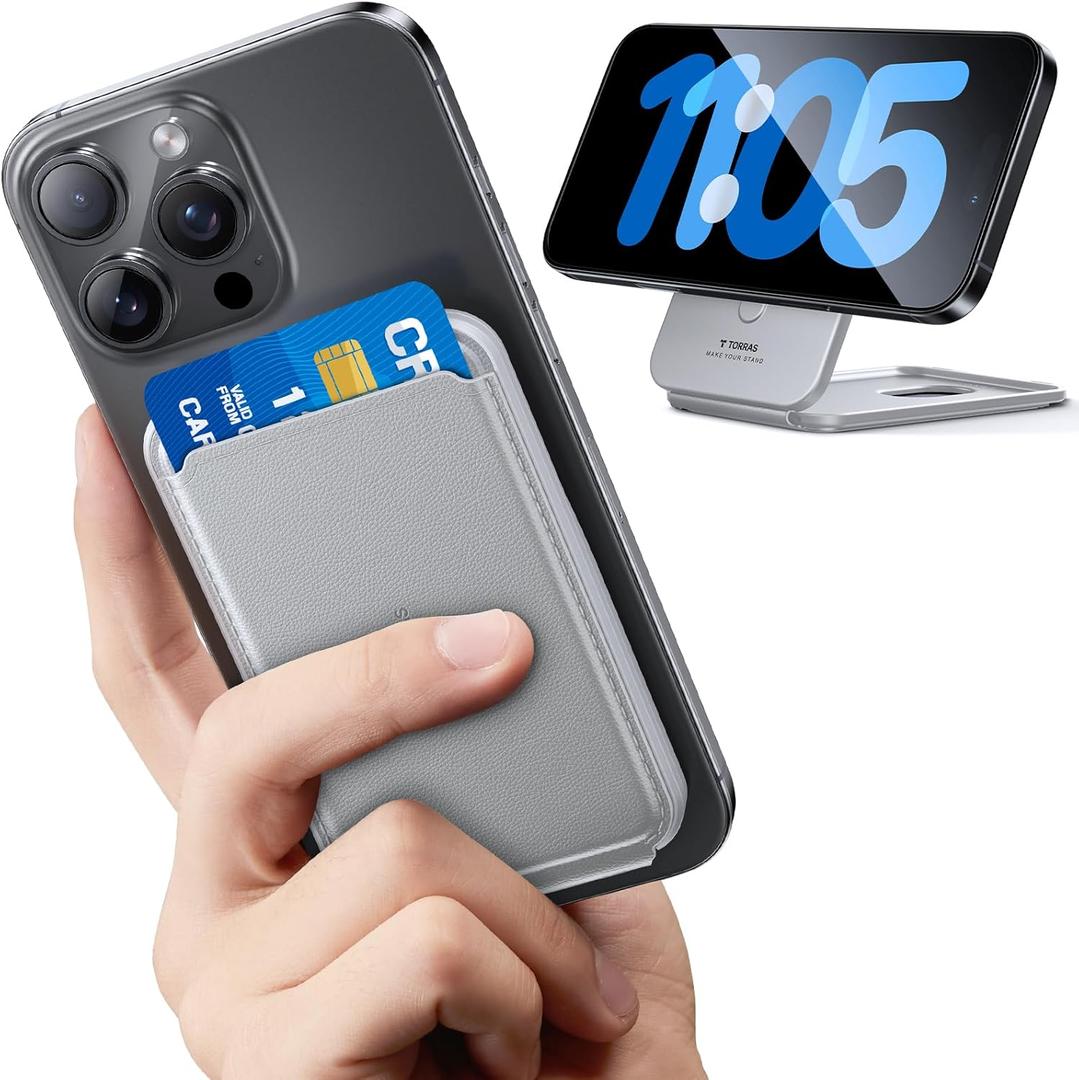 TORRAS for MagSafe Wallet, 360Spin Magnetic Stand, 18N Strongest Magnet, 3 Card Holder, Leather Minimalist Slim Wallet for iPhone 16/15/14/13/12, Samsung Galaxy & Google with Magnetic Case, Grey