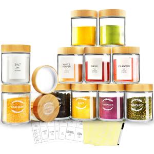 AISIPRIN Spice Jars with Label, 12 Pcs 8oz Glass Jars with Bamboo Lids, Spice Organizer for Cabinet, Drawer, Rack, Seasoning Organizer Containers, Including 2 Type Labels