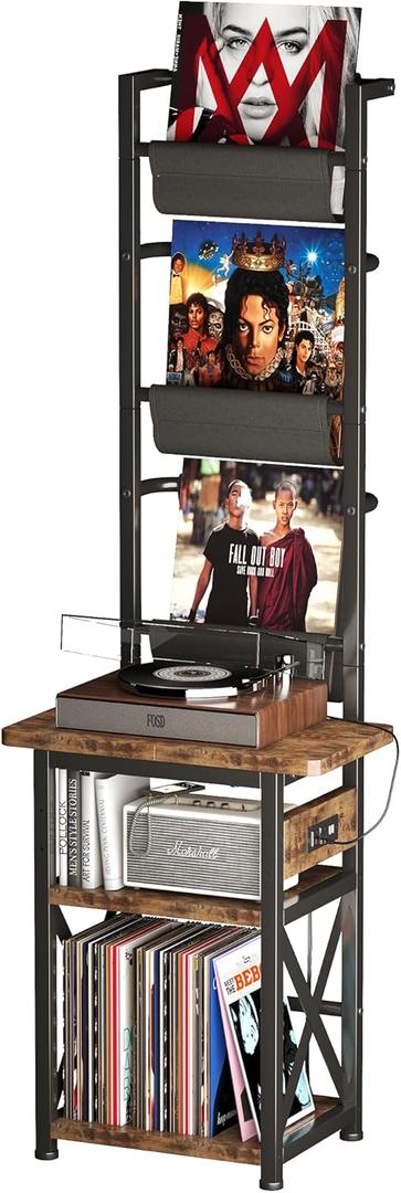 Record Player Stand with Power Outlet, 6 Tier Vinyl Record Display Shelf, Record Player Table with album storage up to 200 Albums, Console Organizer Display Shelf, Gifts for Music Lovers