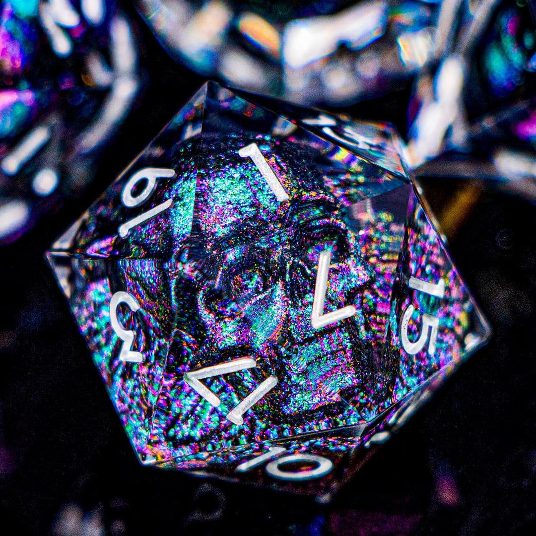 DND Skull Dice Set 7PCS Necromancer Polyhedral Dice for Dungeons Dragons RPG Role Playing Game, Resin Sharp Edged D and D Dice with Gift Box D6 D8 D10 D12 D20 (Green Purple)