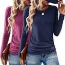 2 Pack Womens Tops Crewneck Soft Long Sleeve Shirts Fall Clothes Casual Tshirts Basic Tee (Large, Red+dark Bule)