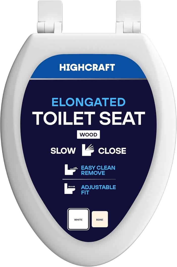 HIGHCRAFT Premium Elongated Toilet Seat with Slow-Close Design, Adjustable Hinges & Quick Removal Mechanism - Molded Wood Toilet Seat - Fits Standard Elongated Toilets - Oval Seat in White