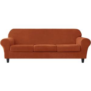 OBCREAT 4 Pieces Sofa Slipcover Stretch Velvet Sofa Covers for 3 Cushion Couch Soft Couch Cover with Elastic Bottom Non Slip Furniture Protector for Pets Kids (Burnt Orange, Large)