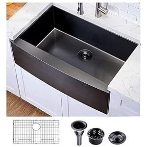 Hotis Black Farmhouse Sink, 33 Inch Black Farm Sink, Gunmetal Black Apron Front Stainless Steel Farmhouse Kitchen Sinks, 33x22 Inch Undermount Single Bowl Workstation 16 Gauge With Dish Grid