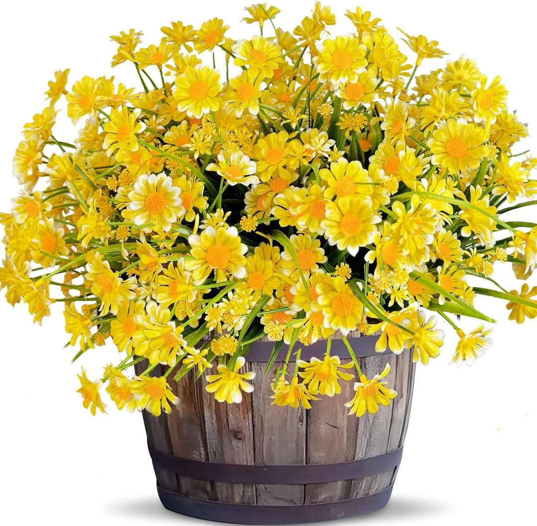 8 Bundles Artificial Daisy Flowers for Outdoors Fall Summer Decor, Fake Mums UV Resistant Faux Cemetery Flowers Plastic Greenery Shrub Fake Artificial Plants Outside Home Gardens Porch Planter(Yellow)