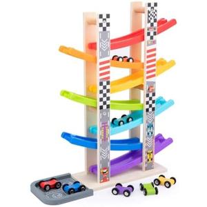 Wood City Toddler Toys for 1 2 3 Years Old, Wooden Car Ramp Racer Toy Vehicle Set with 7 Mini Cars & Race Tracks, Montessori Toys Craft Gift for Toddlers Boys and Girls