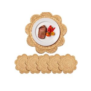 6 Set 13.8 Inch Round Woven Rattan Placemats Plate Chargers, Scalloped Edge Rattan Place Mats, Boho Farmhouse Braided Straw Table Mats House Warming Gift Dining Table Decor, Party, Events