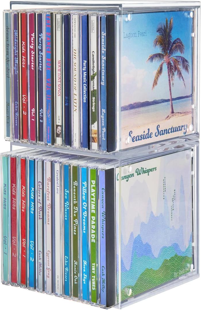 STORi Stackable Clear Plastic CD Organizers (2 Pack) Cube Jewel Case Holders Perfect for Theatre Room | Holds up to 12 CD Cases per Organizer | Made in USA