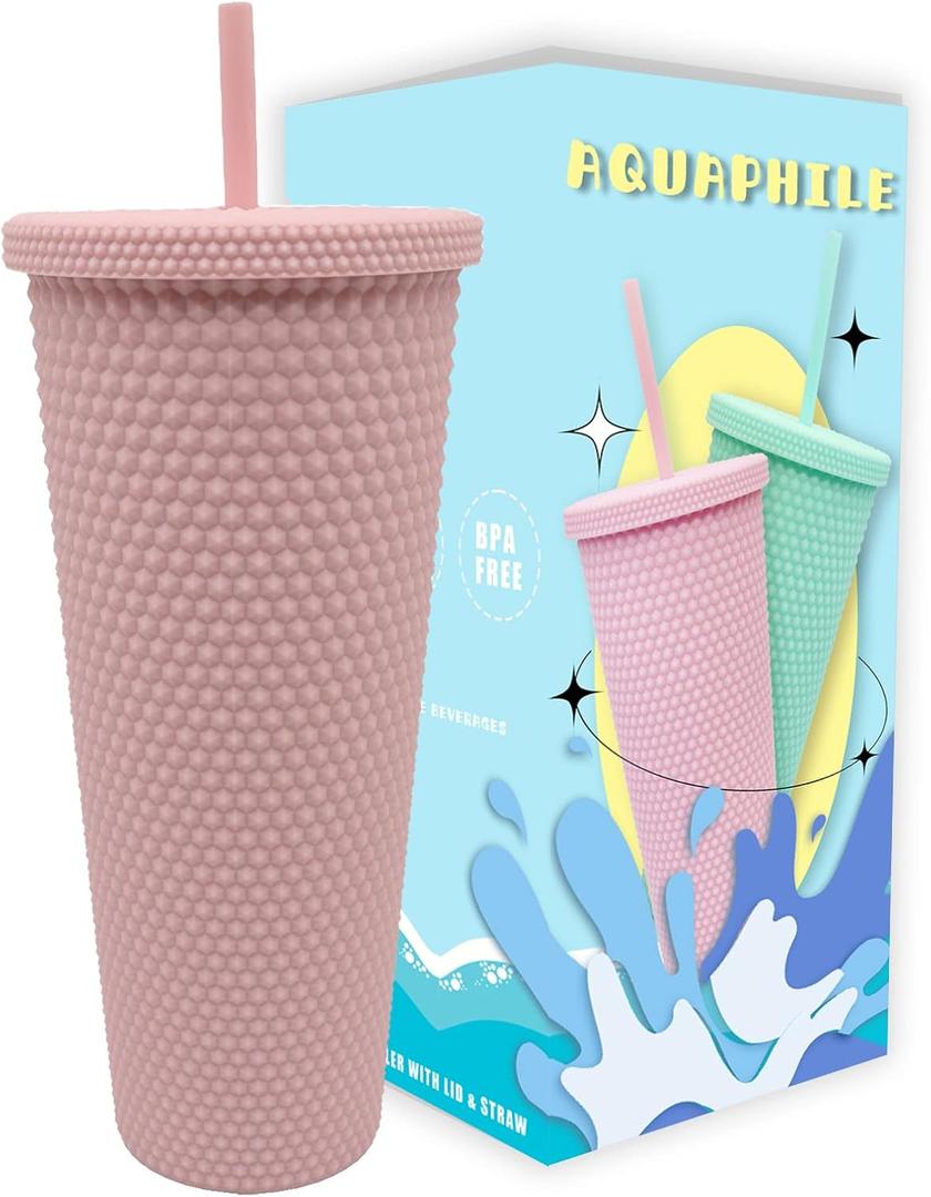 24Oz Matte Studded Tumbler with Reusable Straw and Leak Proof Lid Water Cup Travel Mug Coffee Ice Water Bottle Double Walled Insulated Tumbler BPA Free(Pink)