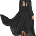 MITILLY Girls Boho Lace Flower Backless Crew Neck Long Sleeve Ruffle Swing Maxi Dress with Pockets (12 Years, Black)