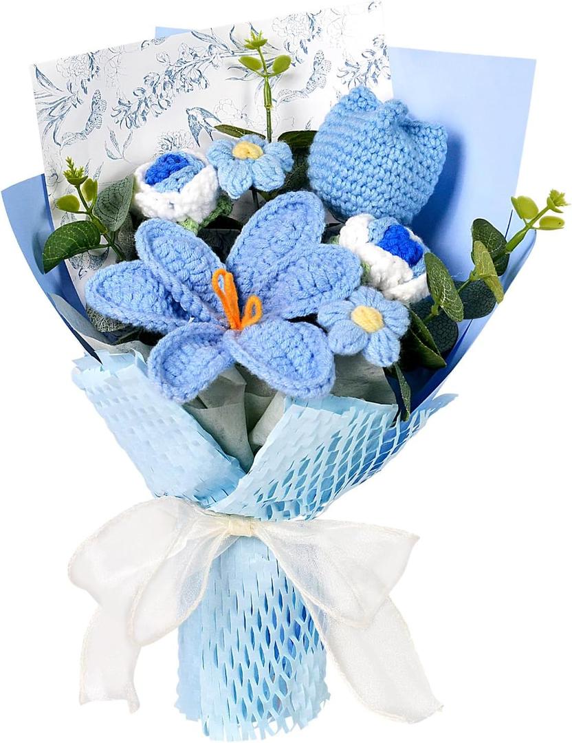 Knitted Flower Bouquet - Handmade Tulip Rose Daisy Crochet Flowers Bouquet for Mother's Day Father's Day Graduation Birthday Teacher Appreciation Gifts Home Decor Blue