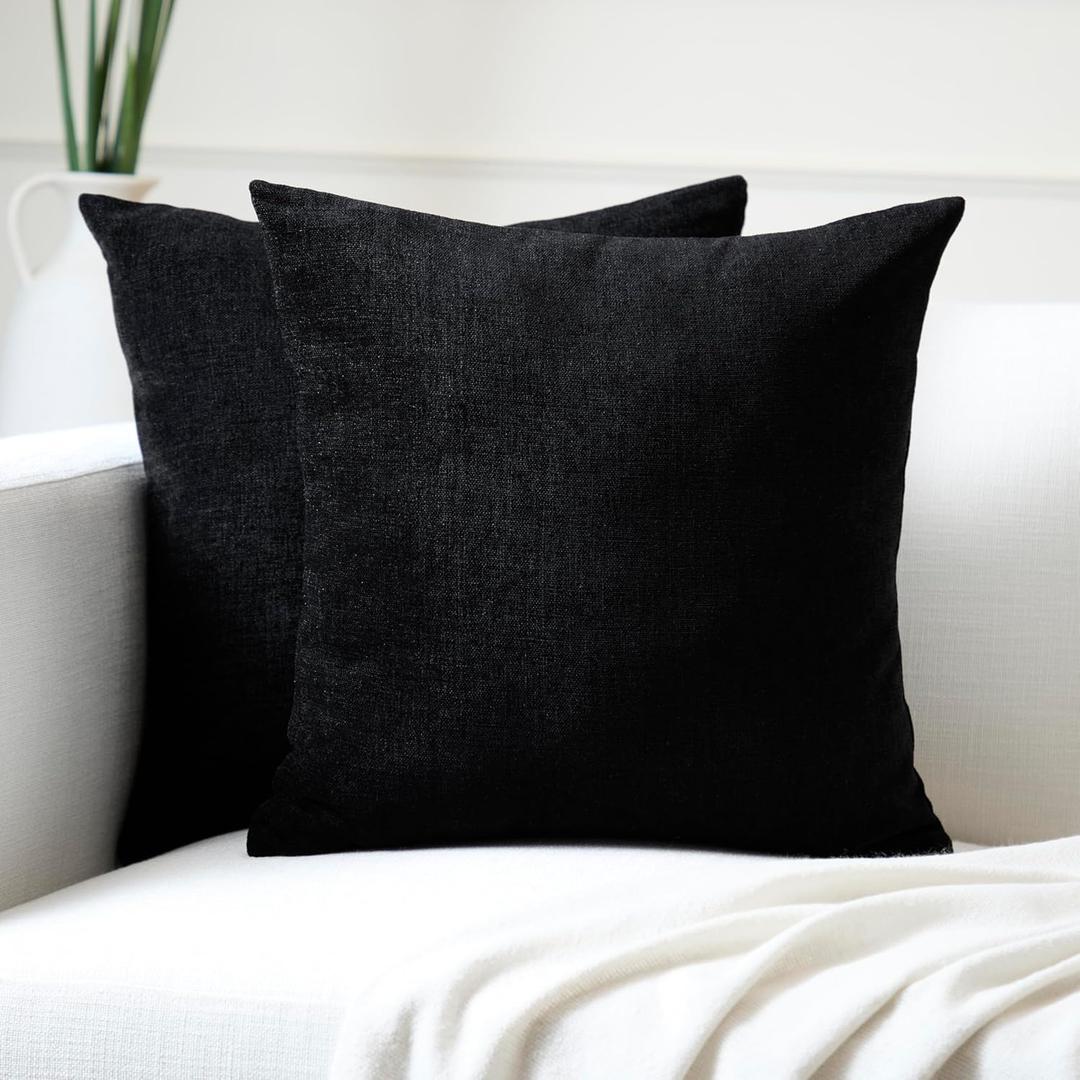 Encasa Homes Chenille Throw Pillow Covers 2 pcs Set - Black- 20 x 20 inch / 50 x 50 cm Textured Solid Colour, Soft & Smooth, Square Accent Decorative Cushion for Couch, Sofa, Chair & Bed (20" x 20" (Pack of 2))