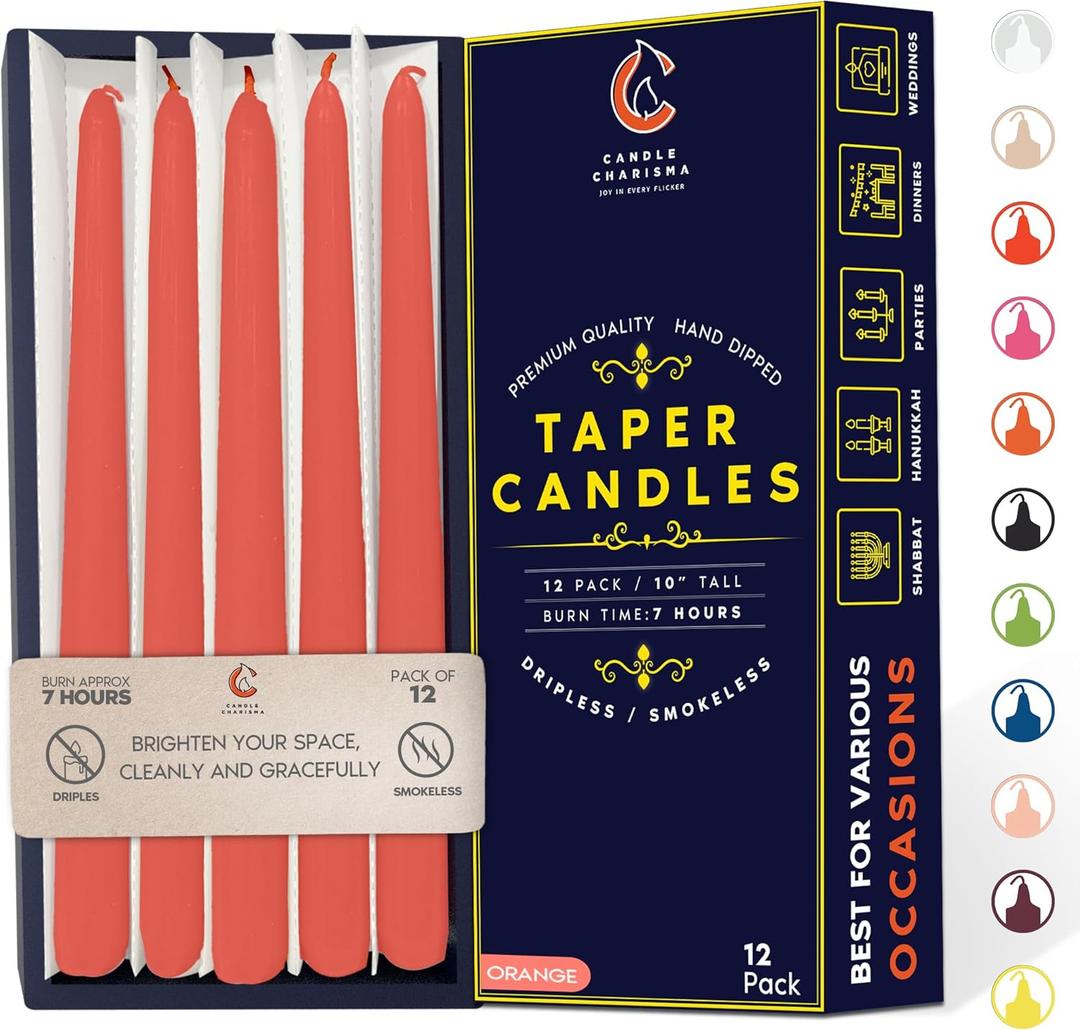 Vibrant Orange 10 Inch Taper Candles - Pack of 12 Premium Unscented, Dripless & Smokeless Hand-Dipped Candles for Birthday, Wedding or Dinner Decorations and Formal Candlelighting