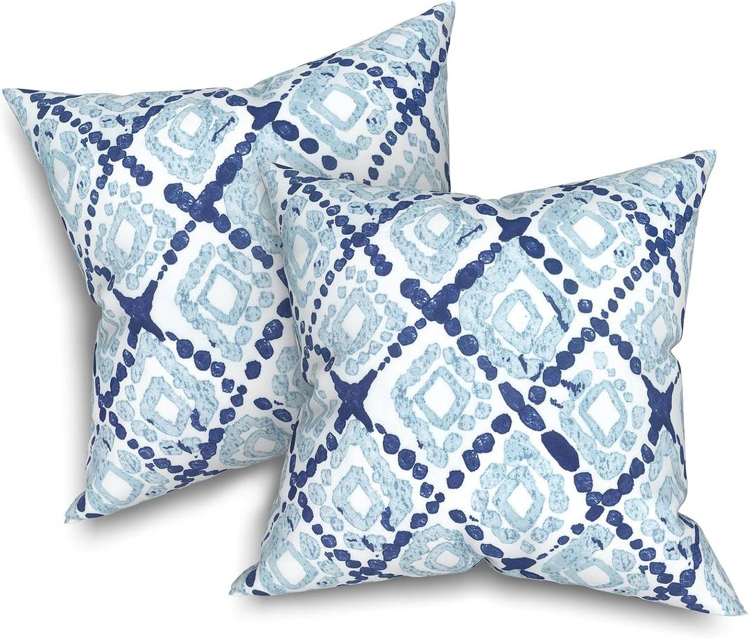 Pack of 2 Patio Throw Pillow Covers ONLY, Water Repellent Cushion Cases 20x20 Inch, Square Pillowcases for Outdoor Couch Decoration, Boho Geometry Blue