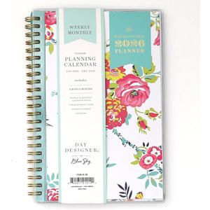 Blue Sky Day Designer 2026 Weekly and Monthly Planner Calendar, January 2026 - December 2026, 5" x 8", Clear Pocket Cover, Durable Twin Wire Binding, Includes Storage Pocket, Stickers, Peyton White