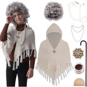 EBYTOP Old Lady Costume for Kids 100 Days of School Costume for Girls 100th Day Grandma Dress Up,Set1