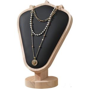 Natural Body Wood Necklace Display Stand with Black Leather Soft Mat Necklace Holder Organizer Desktop Stand for Home Store Dresser-3.3"x5.8"x8.4"