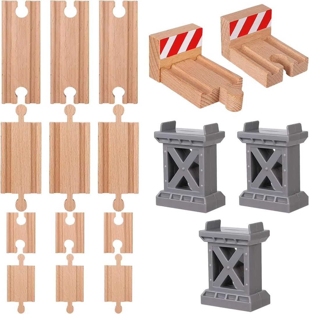 17 Pcs Wooden Train Track Connectors Adapters Set Wood Train Track Pieces Accessories Trains Bridge Pier Straight Wooden Tracks Expansion Male Male Female Female for Most Track Railway Accessories