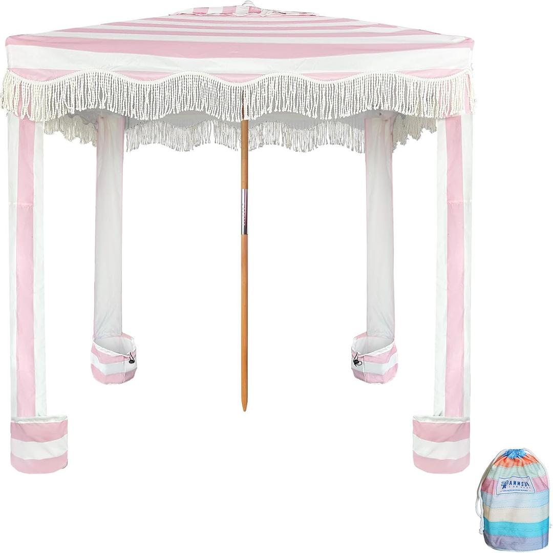 AMMSUN Beach Cabana with Fringe, 7' x 7' Boho Canopy, Stripes Pink