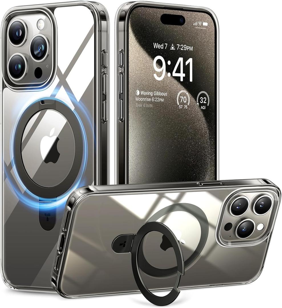 TORRAS Magnetic Ostand for iPhone 15 Pro Max Case, Military Grade Drop Tested, Compatible with MagSafe, Built in Kickstand, Clear Slim Hard Back Soft Edge 6.7" 2023, Clear Grey