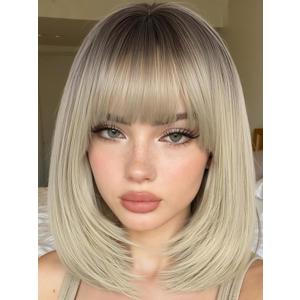 FANCEE Ash Blonde Layered Wigs with Bangs 14 Inch Short Ombre Platinum Blonde Glueless Ready-to-Go Straight Synthetic Bob Wigs with Dark Roots for Women Realistic Scalp Daily Cosplay Use