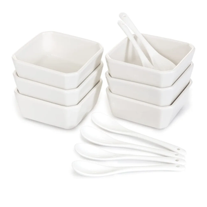6 Oz White Porcelain Serving Bowls Set – 6 Small Bowls and 6 Serving Spoons – Sturdy, Oven- and Dishwasher-Safe Ceramic Condiment Cups for Sauces, Desserts and Appetizers