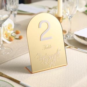 UNIQOOO Gold Mirror Wedding Table Numbers with Stands 1-15 set, 5x7'' Acrylic Arch Signs with Holders and Printed Calligraphy, Seat Display Wedding Decor Perfect for Centerpiece, Reception (Modern Gold (White Font))