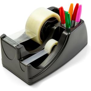 Officemate Recycled 2-in-1 Heavy Duty Tape Dispenser, 1" and 3" Cores, Black (96690)