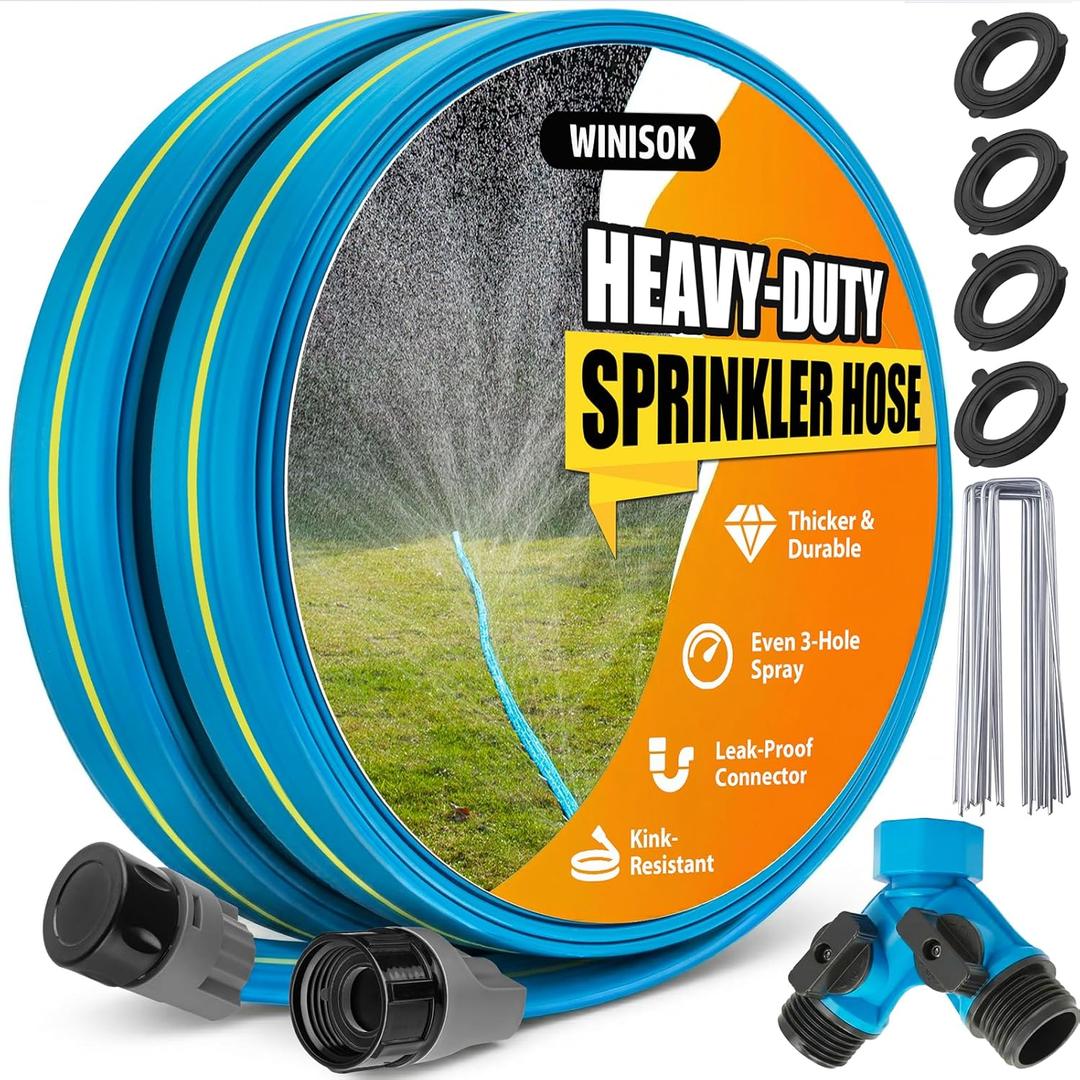 Winisok Upgrade Flat Sprinkler & Soaker Hose for Garden, Heavy Duty 3-Tube Lawn Irrigation Hose with Landscape Stakes and Y-Splitter, No-Kink Flexible Watering Hose for Yard, Plants (50ft x 2packs)