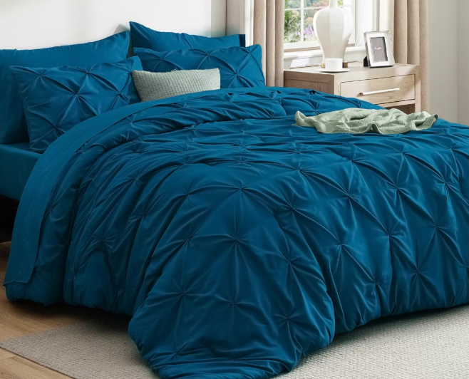 BEDELITE Teal King Size Comforter Set - 3 Pieces Boho Pintuck Bedding Comforter Sets, Lightweight Soft & Warm King Bedding Set with 2 Pillowcases for All Season