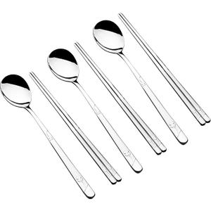 Korean Metal Chopsticks and Spoons Set, Reusable Stainless Steel Flatware Chopsticks and Spoons with long-hand, set of 3 (Lucky Clover)