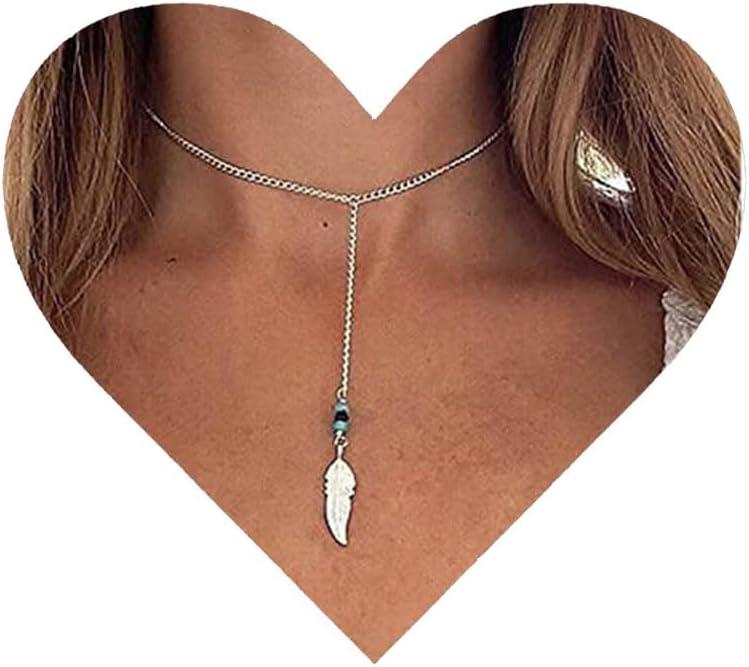 Vintage Feather Drop Y Necklace Turquoise Bead Drop Necklace Feather Y Lariat Necklace Silver Feather Necklace Jewelry for Women