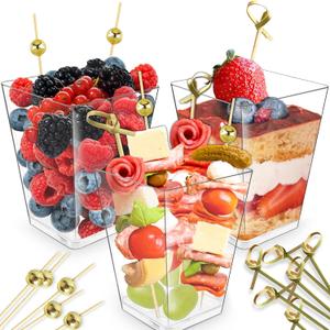 CUSINIUM 50pk 5oz Plastic Clear Charcuterie Cups - 200 Cocktail Picks (2 Types) - Disposable Dessert Cups